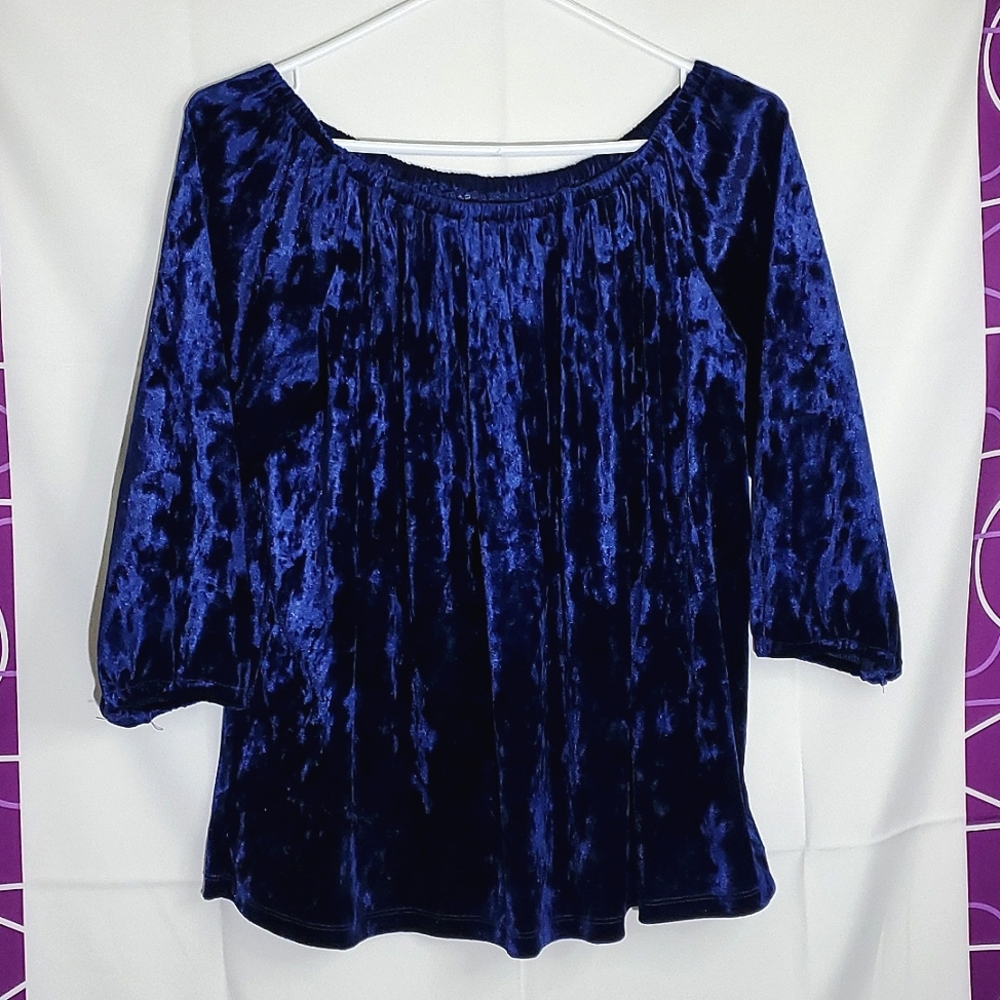 Blue Crushed Velvet 3/4 Puff Sleeve, Off The Shoulder Flowy Top - Large